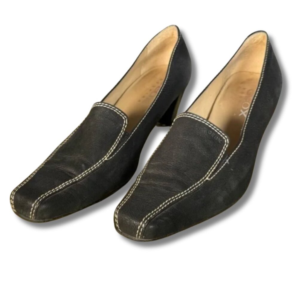 Geox Black Leather Loafer‎ Pumps Contrast Stitching, Comfort Heel 39.5 / 8.5-9